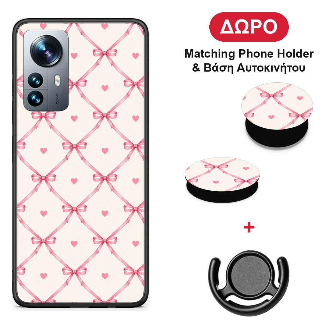 Pink Bow Lattice and Hearts on Cream - Xiaomi 12 Pro θήκη + Δώρο Phone Holder & Βάση Αυτοκινήτου