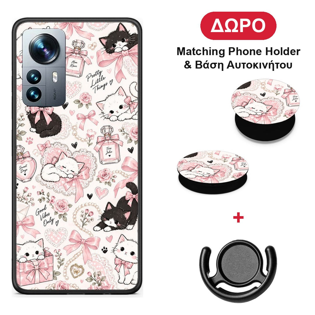 Pink Bows and Kittens Collage - Xiaomi 12 Pro θήκη + Δώρο Phone Holder & Βάση Αυτοκινήτου