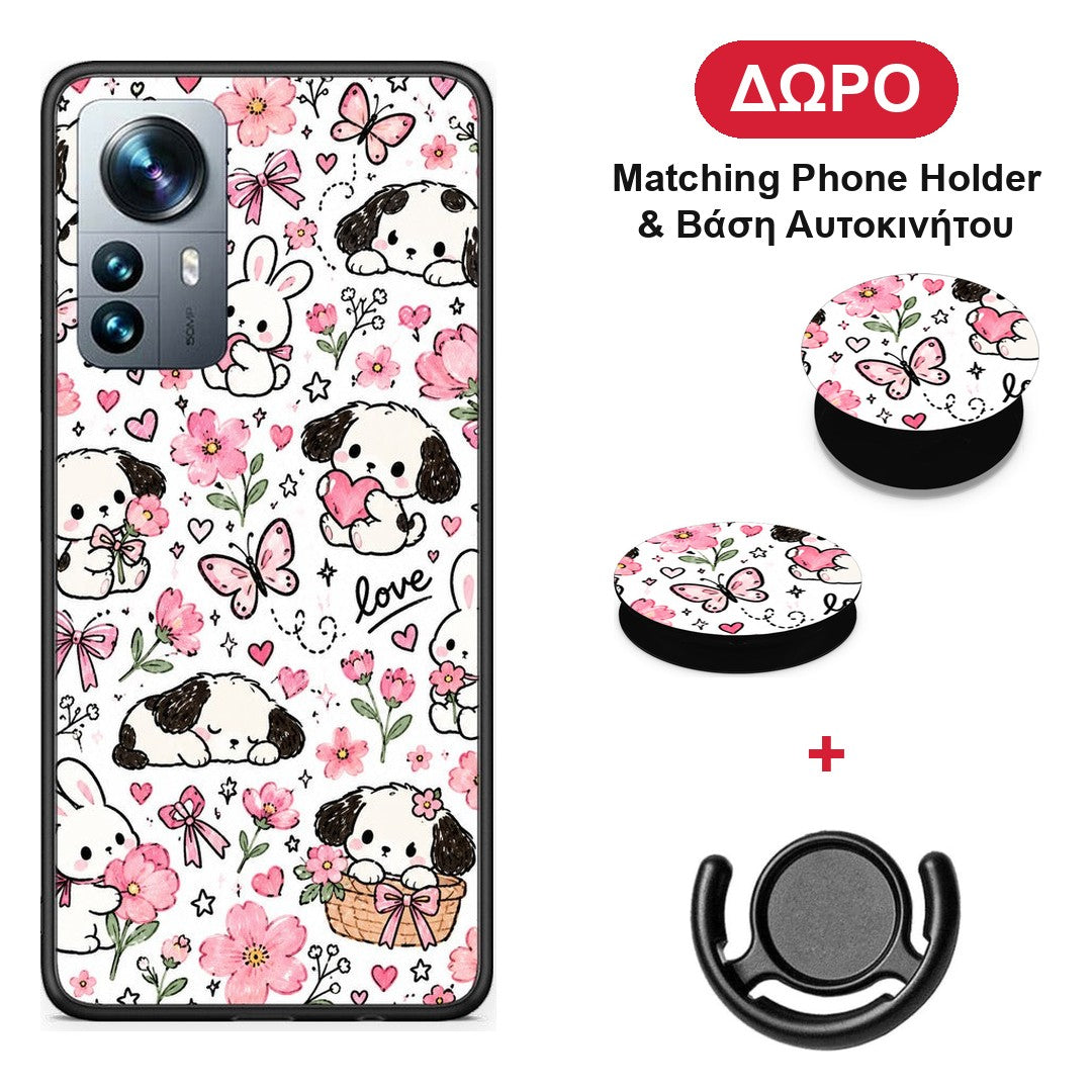 Pink Florals Puppies and Bunnies on White - Xiaomi 12 Pro θήκη + Δώρο Phone Holder & Βάση Αυτοκινήτου