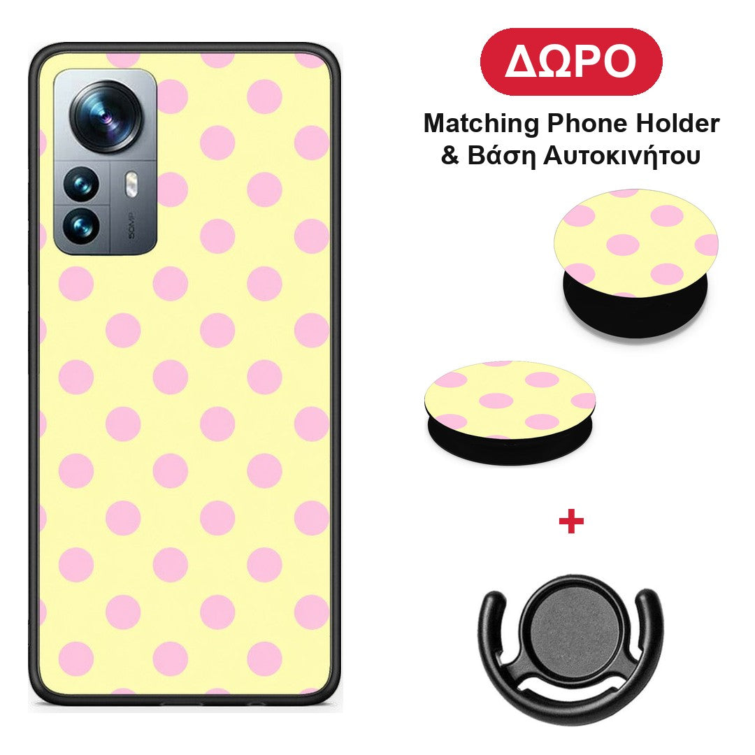 Pink Polka Dots on Yellow - Xiaomi 12 Pro θήκη + Δώρο Phone Holder & Βάση Αυτοκινήτου