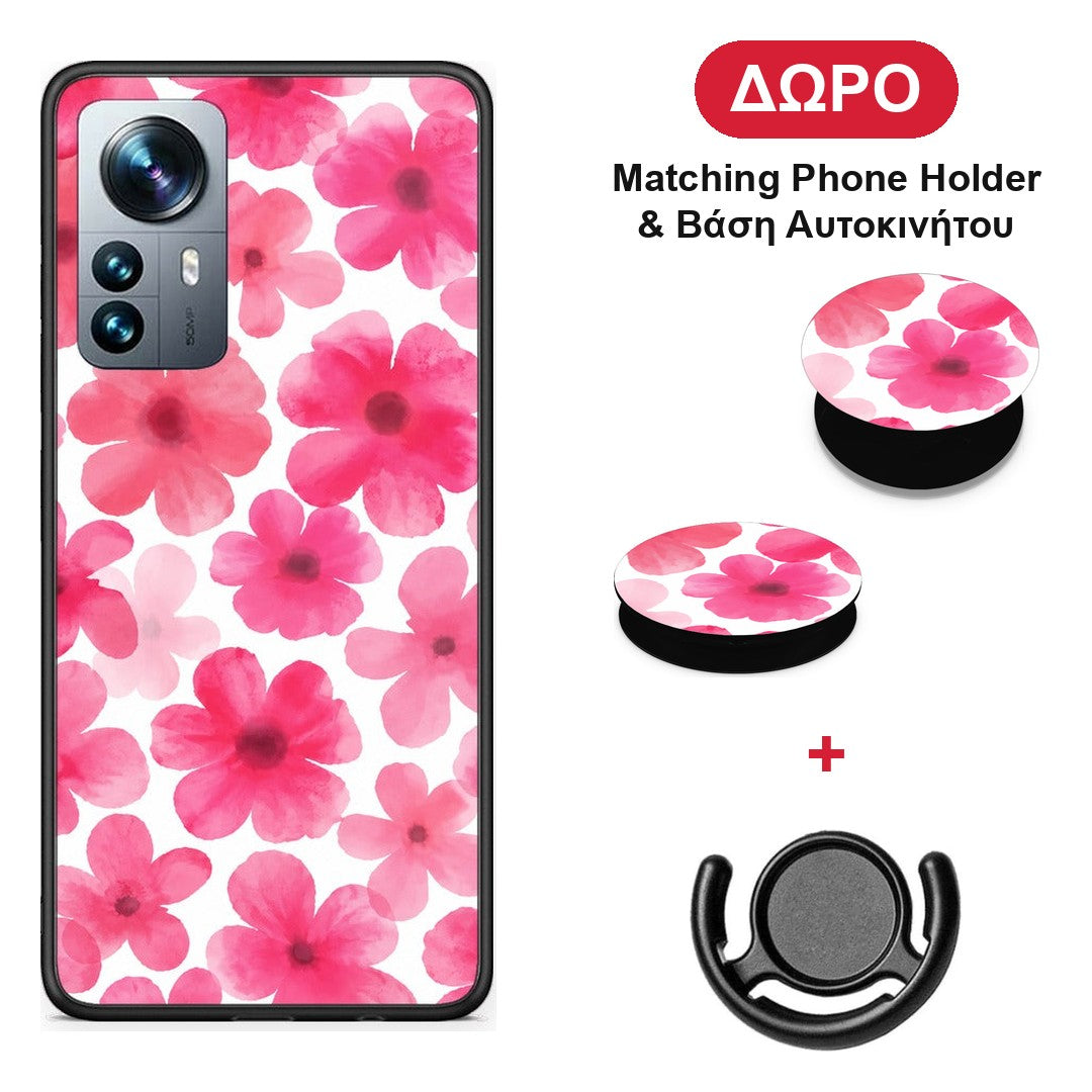 Pink Watercolour Flowers on White - Xiaomi 12 Pro θήκη + Δώρο Phone Holder & Βάση Αυτοκινήτου
