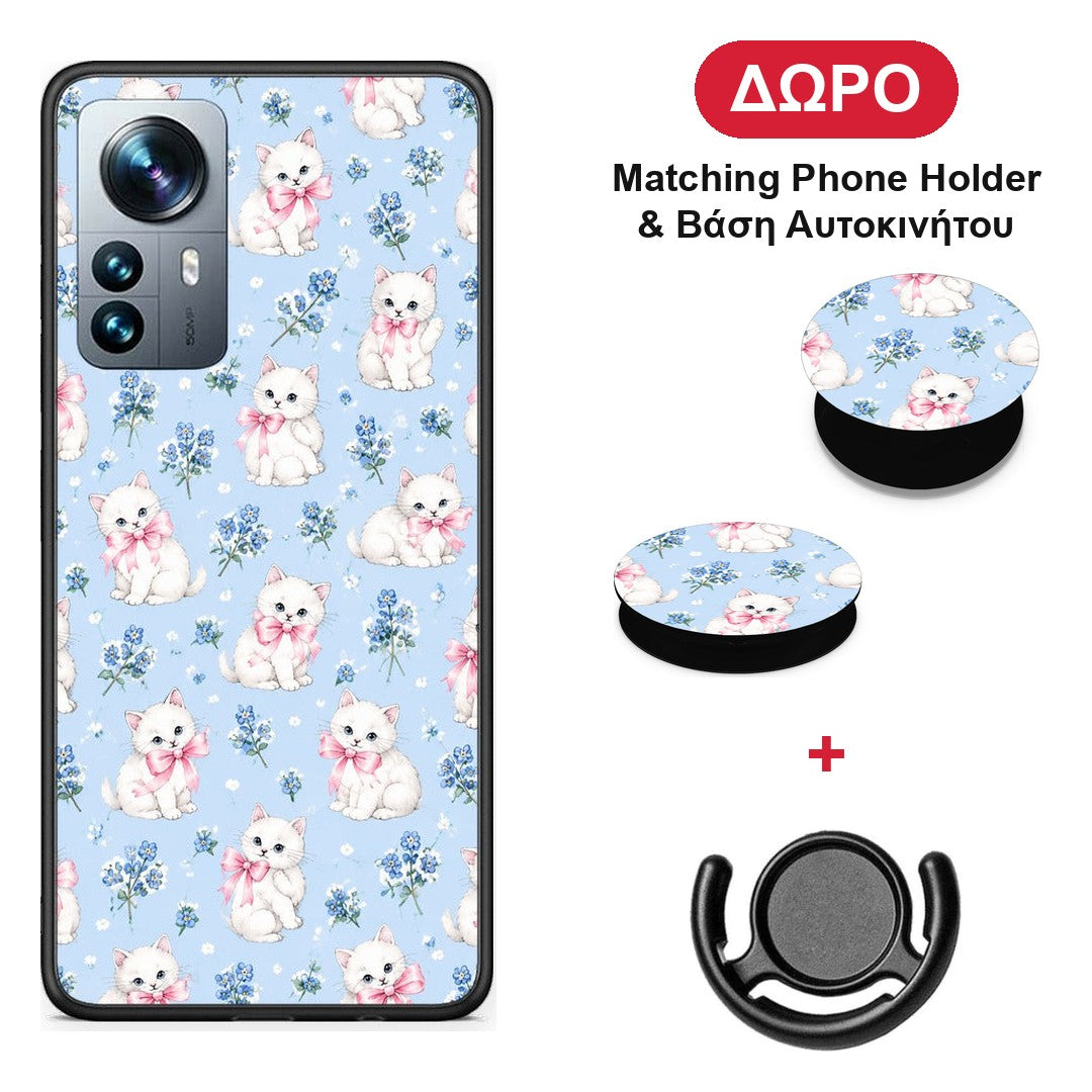White Kittens and Blue Flowers Small - Xiaomi 12 Pro θήκη + Δώρο Phone Holder & Βάση Αυτοκινήτου