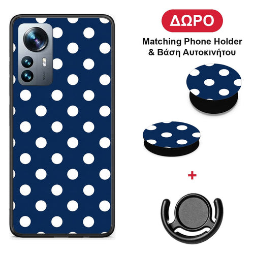 White Large Polka Dots on Navy - Xiaomi 12 Pro θήκη + Δώρο Phone Holder & Βάση Αυτοκινήτου
