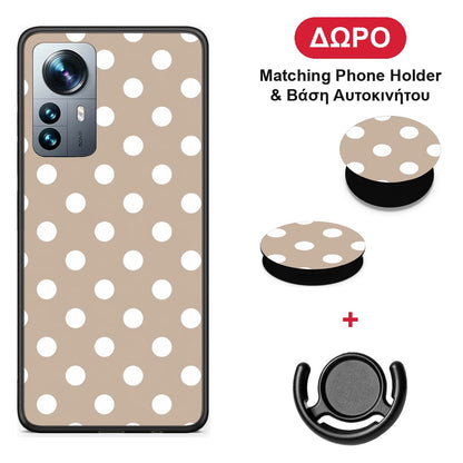 White Polka Dots on Taupe - Xiaomi 12 Pro θήκη + Δώρο Phone Holder & Βάση Αυτοκινήτου