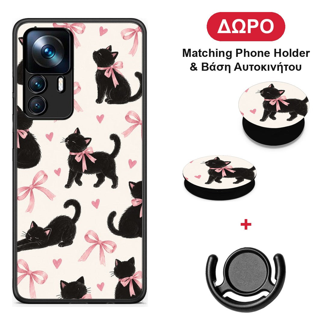 Black Kittens and Pink Bows on Cream Large - Xiaomi 12T / K50 Ultra θήκη + Δώρο Phone Holder & Βάση Αυτοκινήτου