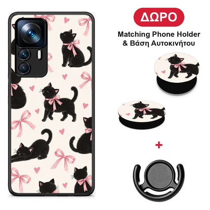 Black Kittens and Pink Bows on Cream Large - Xiaomi 12T / K50 Ultra θήκη + Δώρο Phone Holder & Βάση Αυτοκινήτου