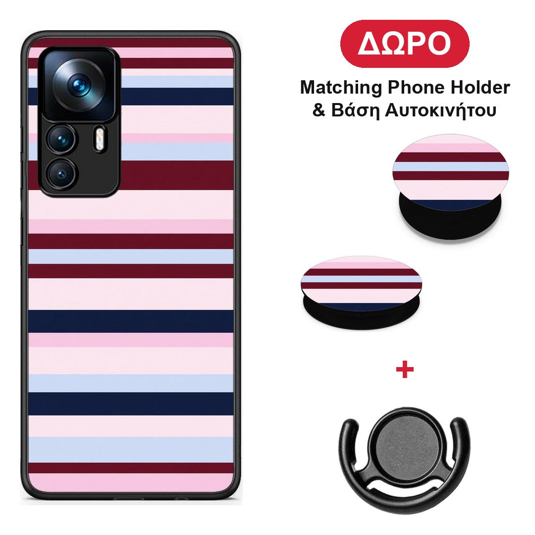 Burgundy Pink and Blue Horizontal Stripes - Xiaomi 12T / K50 Ultra θήκη + Δώρο Phone Holder & Βάση Αυτοκινήτου