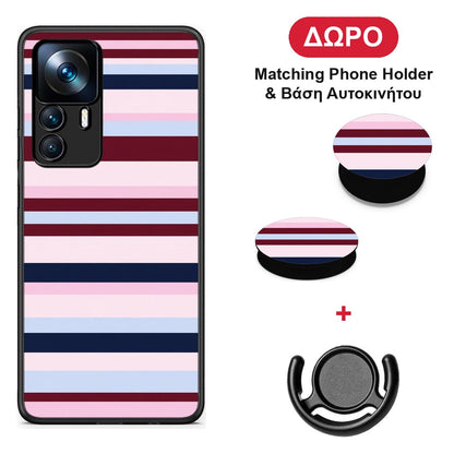 Burgundy Pink and Blue Horizontal Stripes - Xiaomi 12T / K50 Ultra θήκη + Δώρο Phone Holder & Βάση Αυτοκινήτου