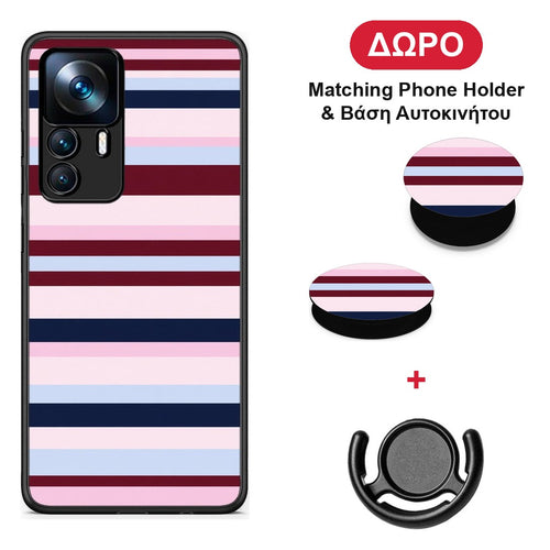 Burgundy Pink and Blue Horizontal Stripes - Xiaomi 12T / K50 Ultra θήκη + Δώρο Phone Holder & Βάση Αυτοκινήτου
