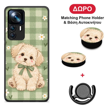 Puppy and Daisies on Sage Gingham - Xiaomi 12T / K50 Ultra θήκη + Δώρο Phone Holder & Βάση Αυτοκινήτου