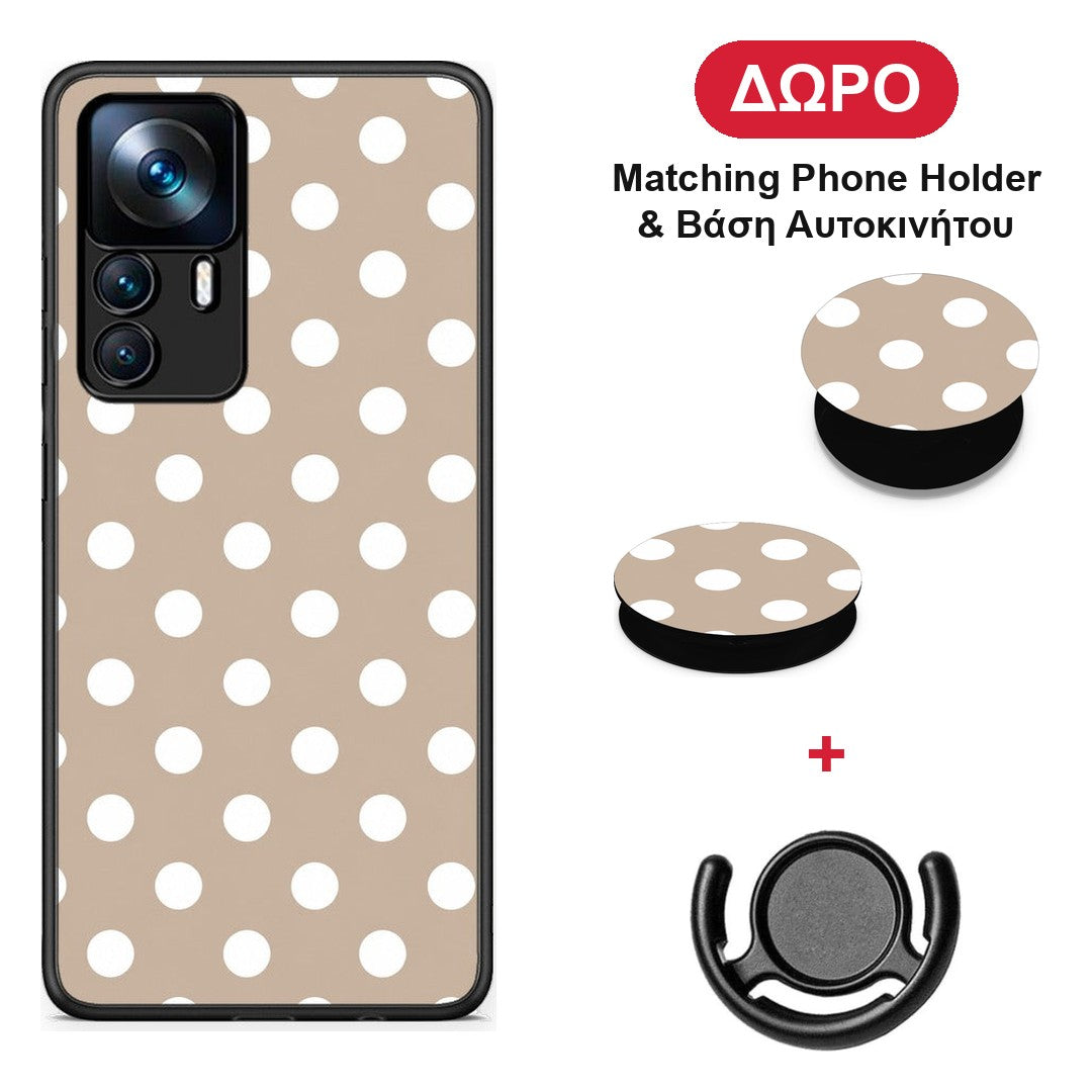 White Polka Dots on Taupe - Xiaomi 12T / K50 Ultra θήκη + Δώρο Phone Holder & Βάση Αυτοκινήτου