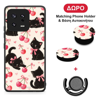 Black Kittens and Cherries on Cream - Xiaomi 13 θήκη + Δώρο Phone Holder & Βάση Αυτοκινήτου
