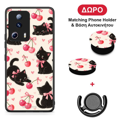Black Kittens and Cherries on Cream - Xiaomi 13 Lite 5G θήκη + Δώρο Phone Holder & Βάση Αυτοκινήτου