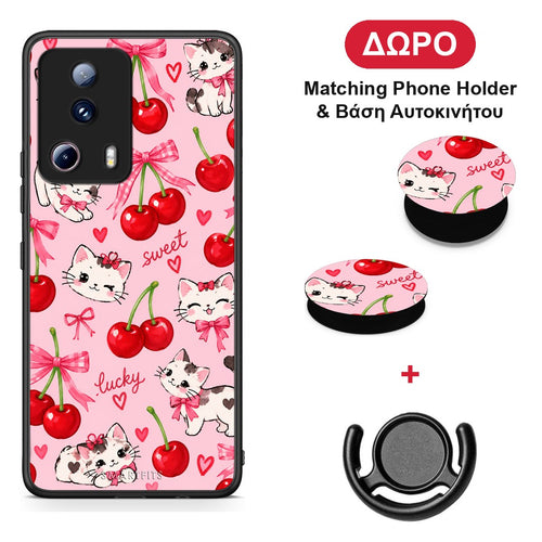 Cherries Bows and Kittens on Pink - Xiaomi 13 Lite 5G θήκη + Δώρο Phone Holder & Βάση Αυτοκινήτου