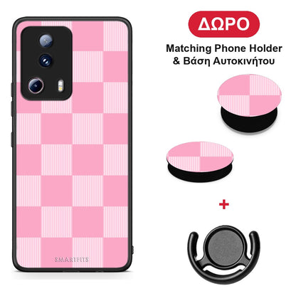 Pink and White Striped Checks - Xiaomi 13 Lite 5G θήκη + Δώρο Phone Holder & Βάση Αυτοκινήτου