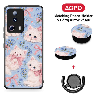White Kittens and Blue Flowers Large - Xiaomi 13 Lite 5G θήκη + Δώρο Phone Holder & Βάση Αυτοκινήτου