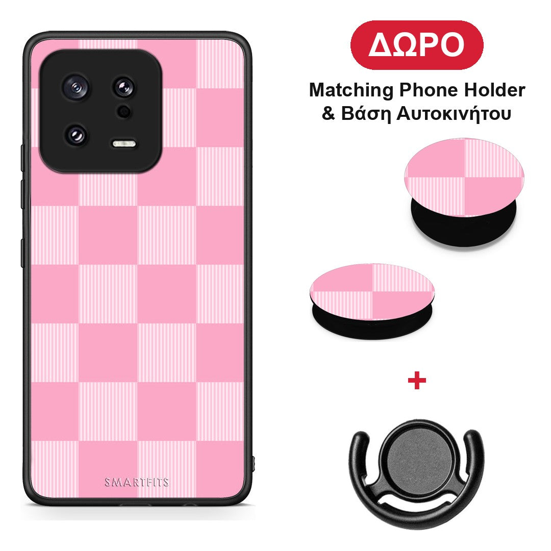 Pink and White Striped Checks - Xiaomi 13 θήκη + Δώρο Phone Holder & Βάση Αυτοκινήτου