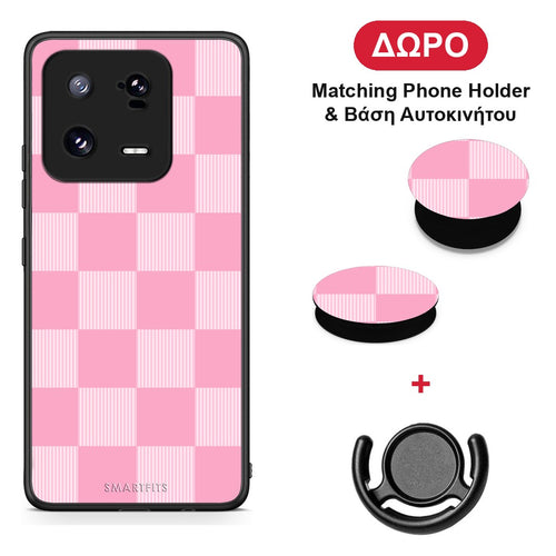 Pink and White Striped Checks - Xiaomi 13 Pro θήκη + Δώρο Phone Holder & Βάση Αυτοκινήτου