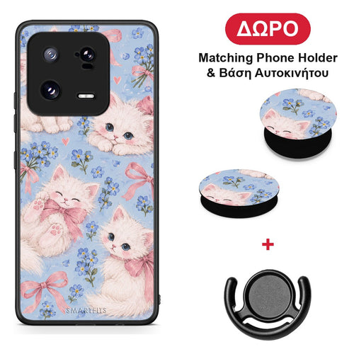 White Kittens and Blue Flowers Large - Xiaomi 13 Pro θήκη + Δώρο Phone Holder & Βάση Αυτοκινήτου