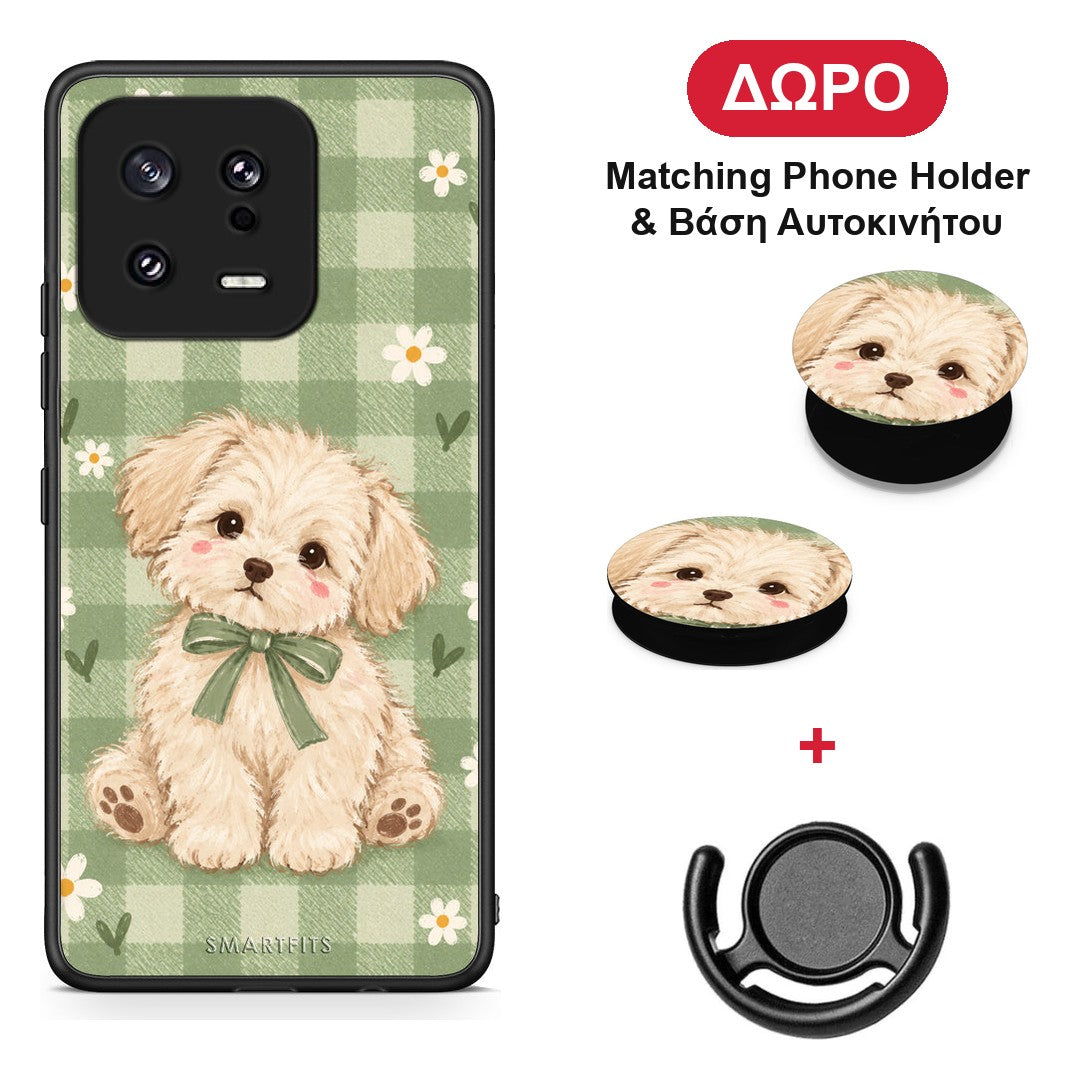 Puppy and Daisies on Sage Gingham - Xiaomi 13 θήκη + Δώρο Phone Holder & Βάση Αυτοκινήτου