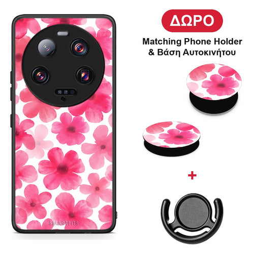 Pink Watercolour Flowers on White - Xiaomi 13 Ultra θήκη + Δώρο Phone Holder & Βάση Αυτοκινήτου
