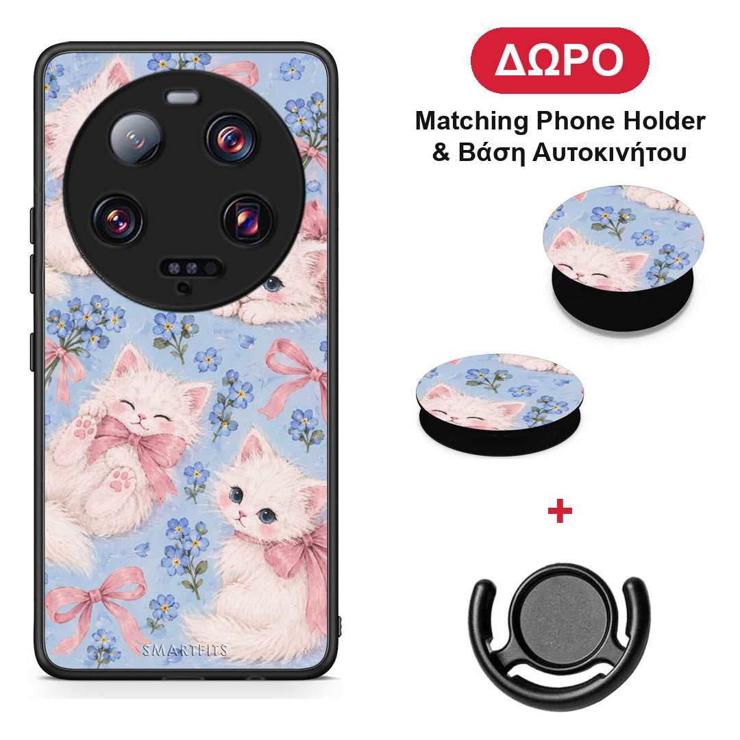 White Kittens and Blue Flowers Large - Xiaomi 13 Ultra θήκη + Δώρο Phone Holder & Βάση Αυτοκινήτου