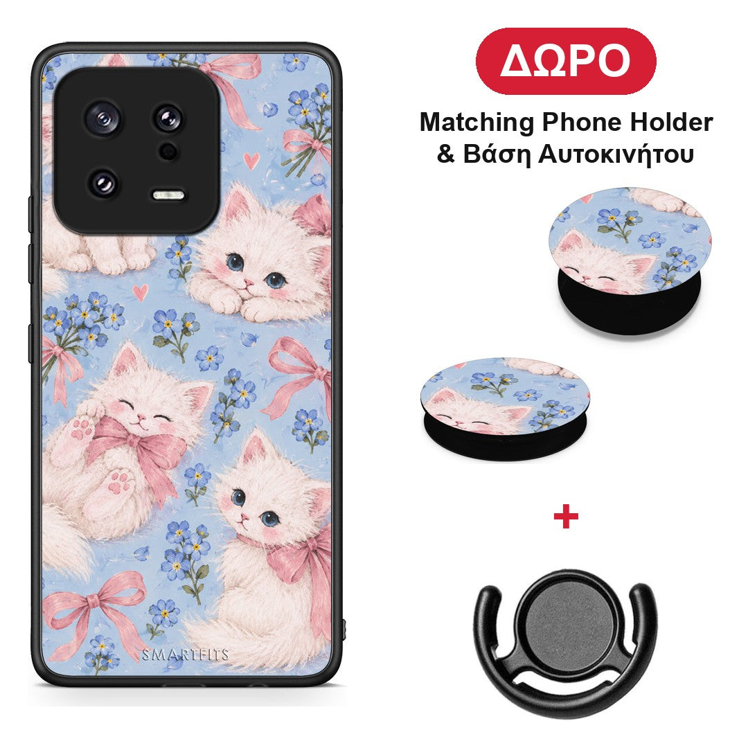 White Kittens and Blue Flowers Large - Xiaomi 13 θήκη + Δώρο Phone Holder & Βάση Αυτοκινήτου