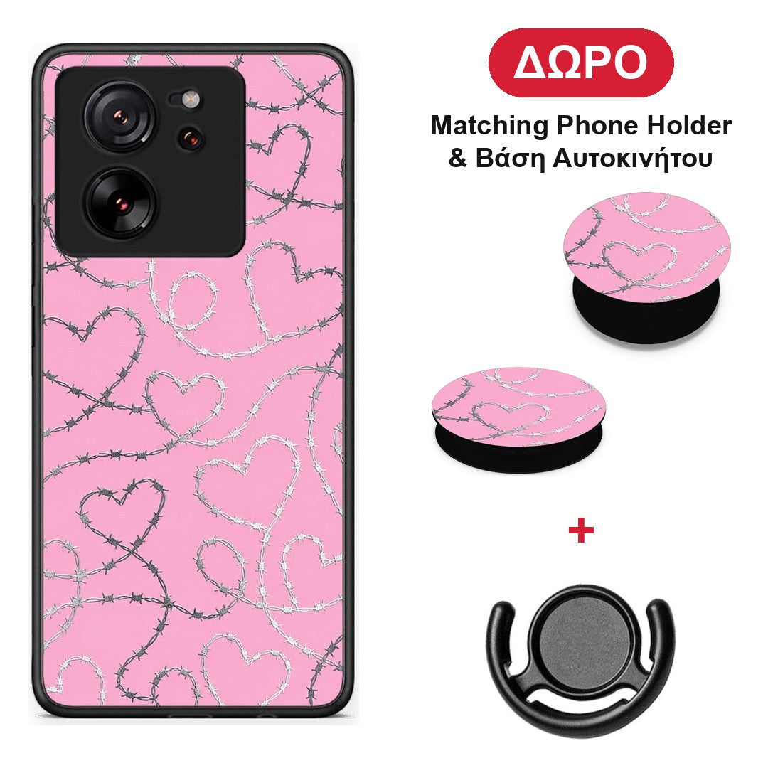 Barbed Wire Hearts on Pink - Xiaomi 13T θήκη + Δώρο Phone Holder & Βάση Αυτοκινήτου