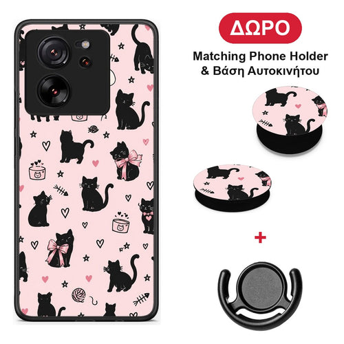 Black Cat Doodles on Pink - Xiaomi 13T θήκη + Δώρο Phone Holder & Βάση Αυτοκινήτου