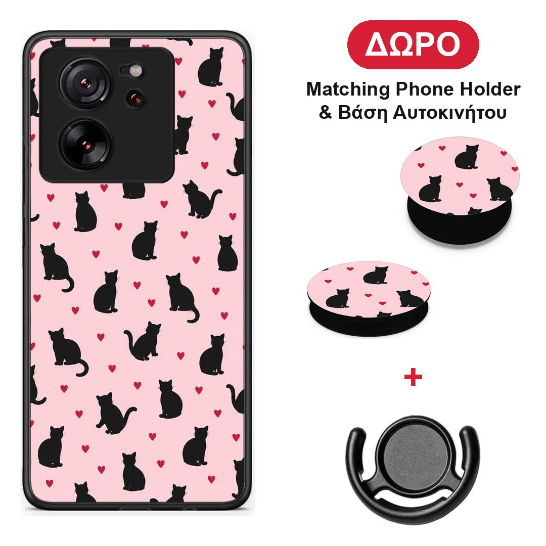 Black Cat Silhouettes and Hearts on Pink - Xiaomi 13T θήκη + Δώρο Phone Holder & Βάση Αυτοκινήτου