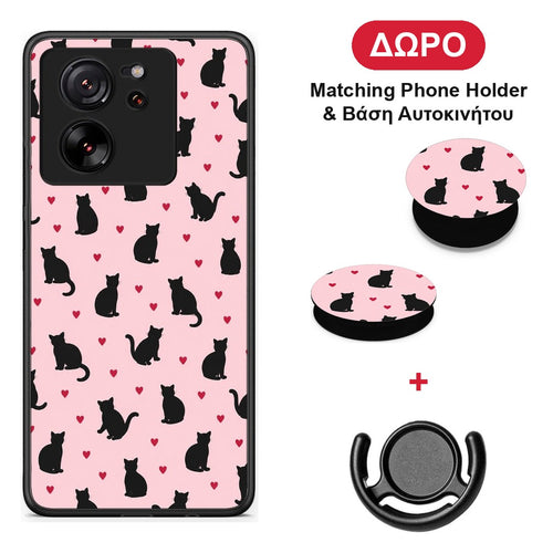 Black Cat Silhouettes and Hearts on Pink - Xiaomi 13T θήκη + Δώρο Phone Holder & Βάση Αυτοκινήτου