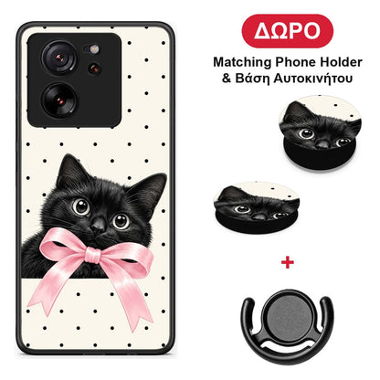 Black Kitten Pink Bow and Polka Dots - Xiaomi 13T θήκη + Δώρο Phone Holder & Βάση Αυτοκινήτου