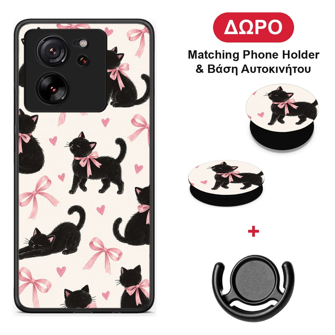 Black Kittens and Pink Bows on Cream Large - Xiaomi 13T θήκη + Δώρο Phone Holder & Βάση Αυτοκινήτου