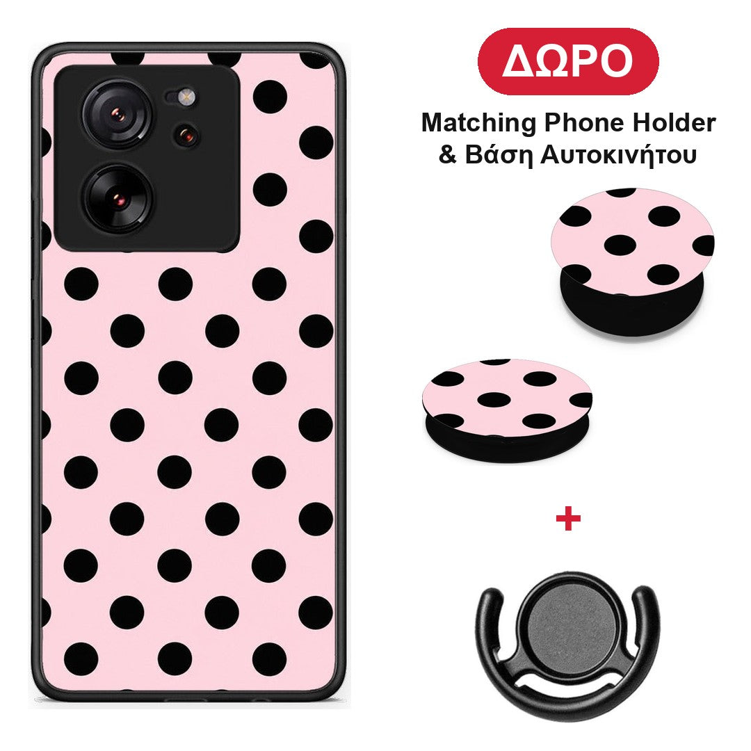 Black Polka Dots on Pink - Xiaomi 13T θήκη + Δώρο Phone Holder & Βάση Αυτοκινήτου