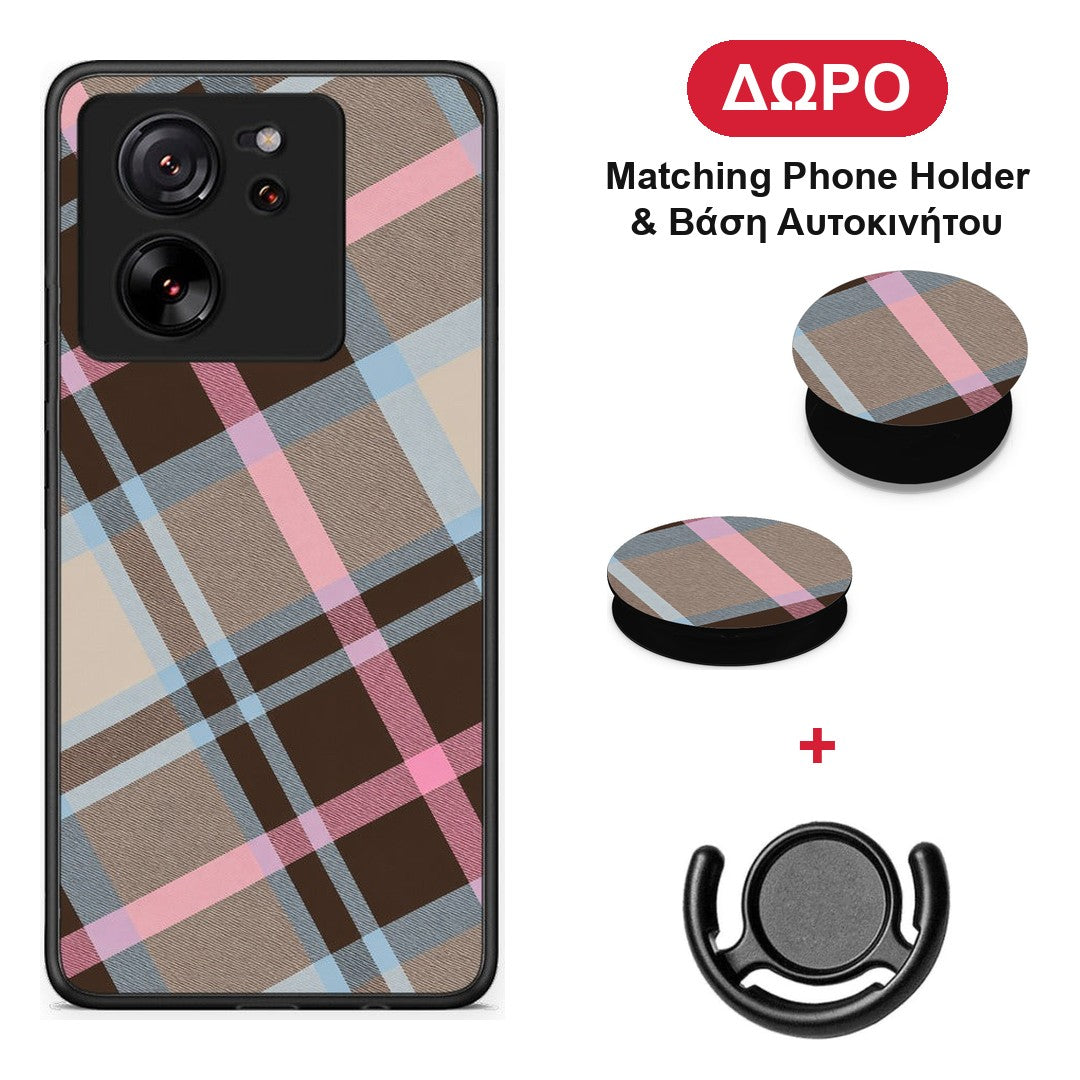Brown Pink and Blue Diagonal Plaid - Xiaomi 13T θήκη + Δώρο Phone Holder & Βάση Αυτοκινήτου