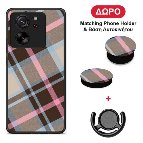 Brown Pink and Blue Diagonal Plaid - Xiaomi 13T θήκη + Δώρο Phone Holder & Βάση Αυτοκινήτου