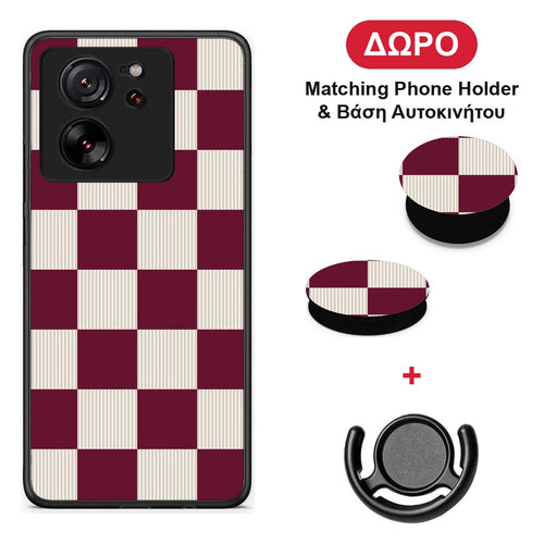 Burgundy and Cream Striped Checks - Xiaomi 13T θήκη + Δώρο Phone Holder & Βάση Αυτοκινήτου