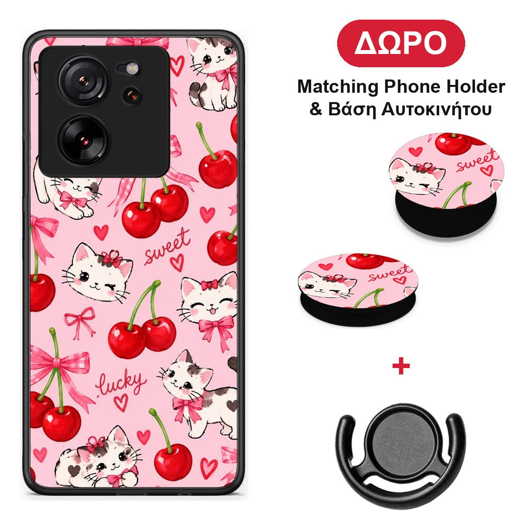 Cherries Bows and Kittens on Pink - Xiaomi 13T θήκη + Δώρο Phone Holder & Βάση Αυτοκινήτου