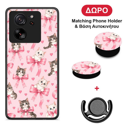 Kittens and Pink Bows on Pink - Xiaomi 13T θήκη + Δώρο Phone Holder & Βάση Αυτοκινήτου