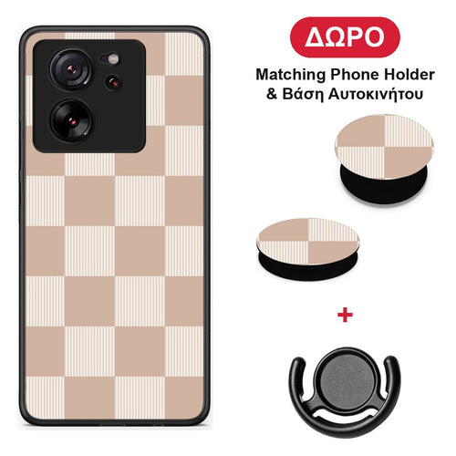 Latte and Cream Striped Checks - Xiaomi 13T θήκη + Δώρο Phone Holder & Βάση Αυτοκινήτου