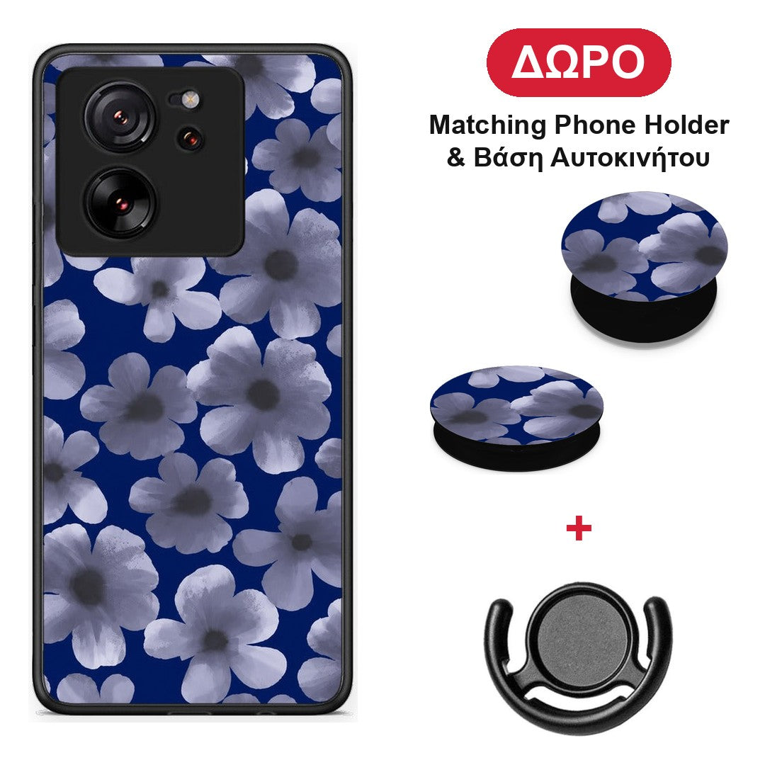 Pale Blue Flowers on Navy - Xiaomi 13T θήκη + Δώρο Phone Holder & Βάση Αυτοκινήτου