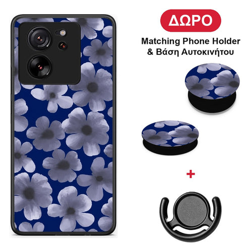 Pale Blue Flowers on Navy - Xiaomi 13T θήκη + Δώρο Phone Holder & Βάση Αυτοκινήτου