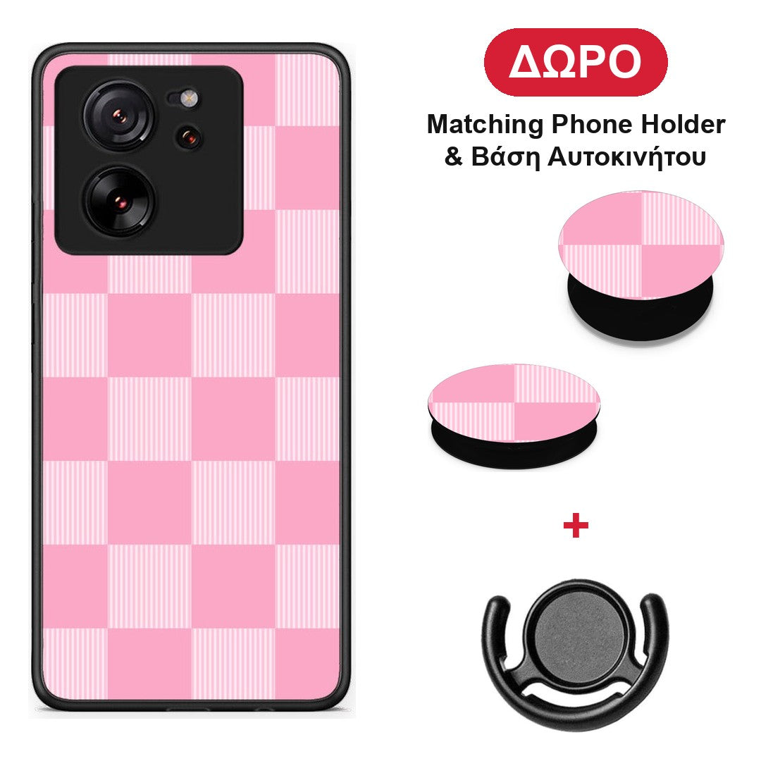Pink and White Striped Checks - Xiaomi 13T θήκη + Δώρο Phone Holder & Βάση Αυτοκινήτου