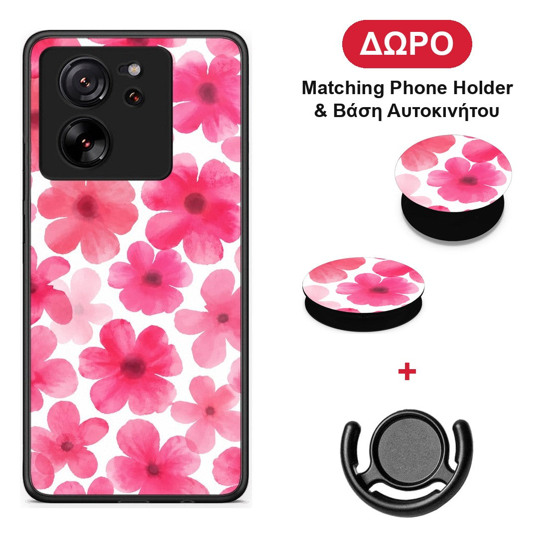 Pink Watercolour Flowers on White - Xiaomi 13T θήκη + Δώρο Phone Holder & Βάση Αυτοκινήτου