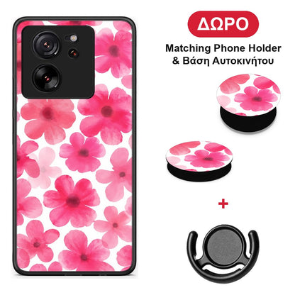 Pink Watercolour Flowers on White - Xiaomi 13T θήκη + Δώρο Phone Holder & Βάση Αυτοκινήτου