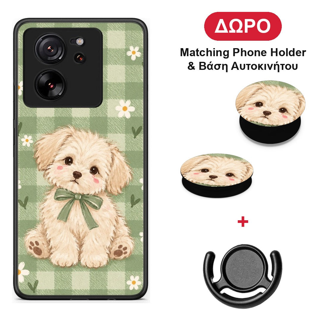 Puppy and Daisies on Sage Gingham - Xiaomi 13T θήκη + Δώρο Phone Holder & Βάση Αυτοκινήτου
