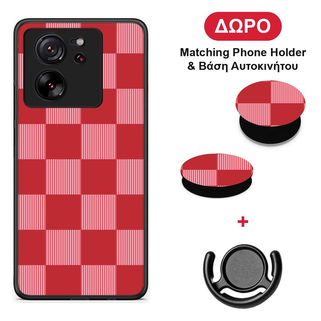 Red and Pink Striped Checks - Xiaomi 13T θήκη + Δώρο Phone Holder & Βάση Αυτοκινήτου