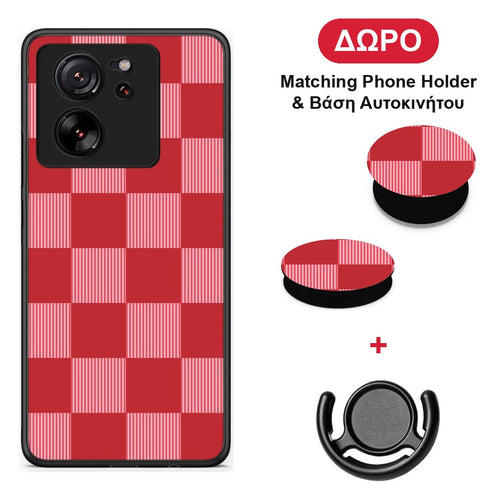 Red and Pink Striped Checks - Xiaomi 13T θήκη + Δώρο Phone Holder & Βάση Αυτοκινήτου