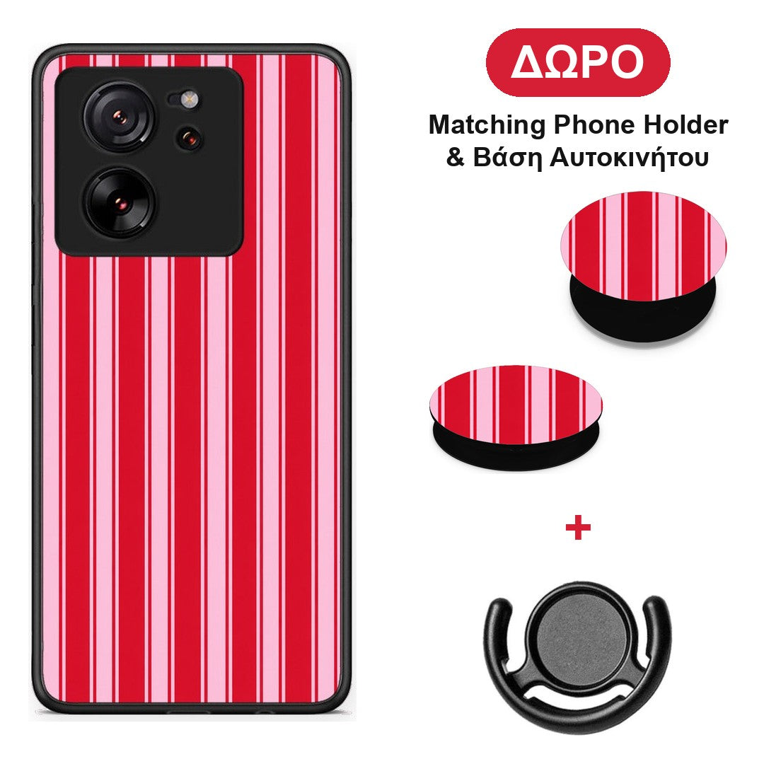 Red and Pink Vertical Pinstripes - Xiaomi 13T θήκη + Δώρο Phone Holder & Βάση Αυτοκινήτου