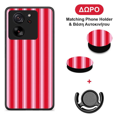 Red and Pink Vertical Pinstripes - Xiaomi 13T θήκη + Δώρο Phone Holder & Βάση Αυτοκινήτου